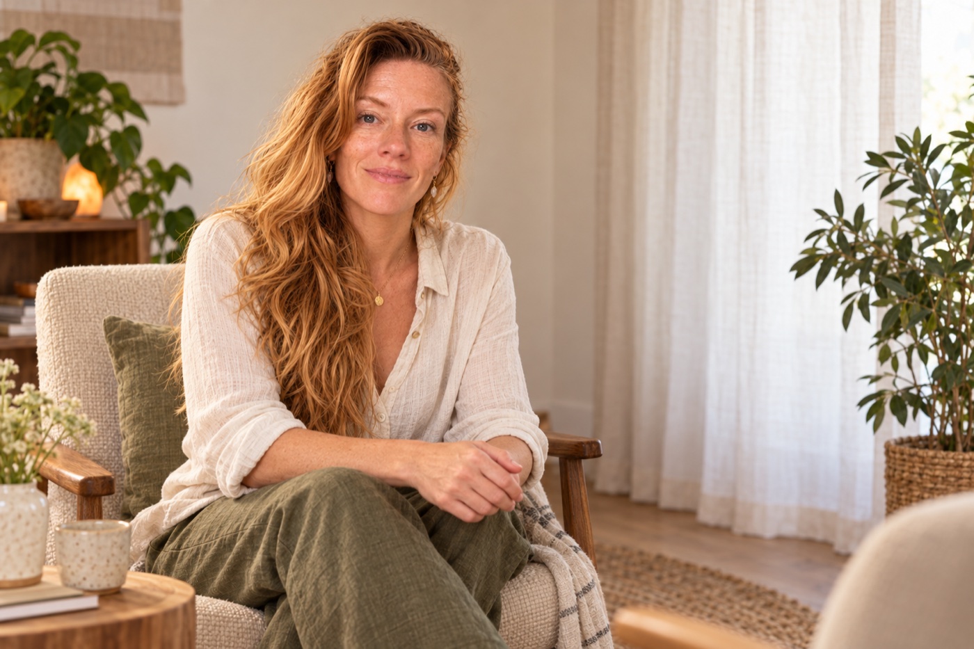 Michelle Smit zit ontspannen in een lichte ruimte met planten en zachte aardetinten